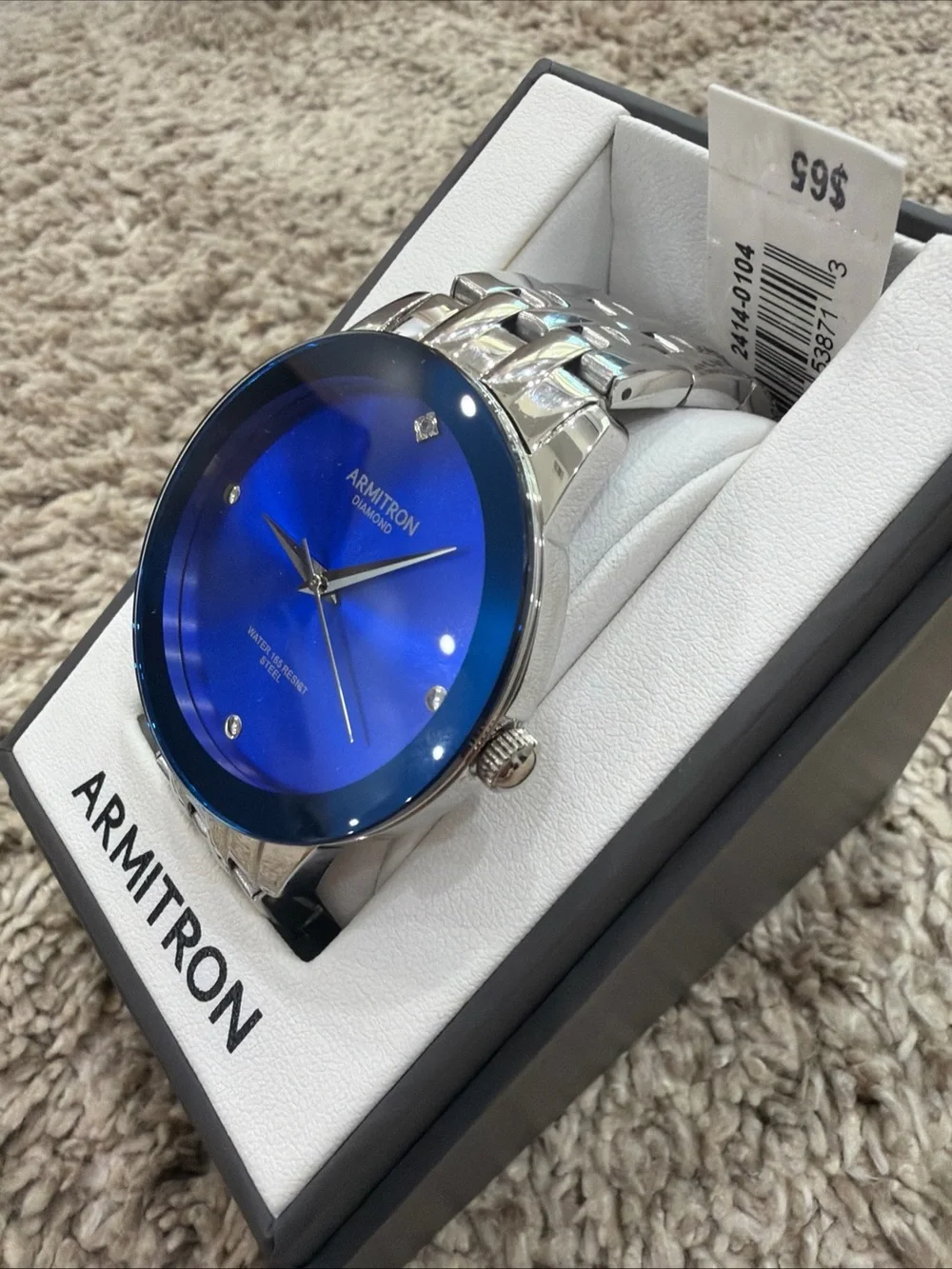 Armitron Diamond Mens Watch 42mm Blue Dial Stainless Steel New Battery 7.5